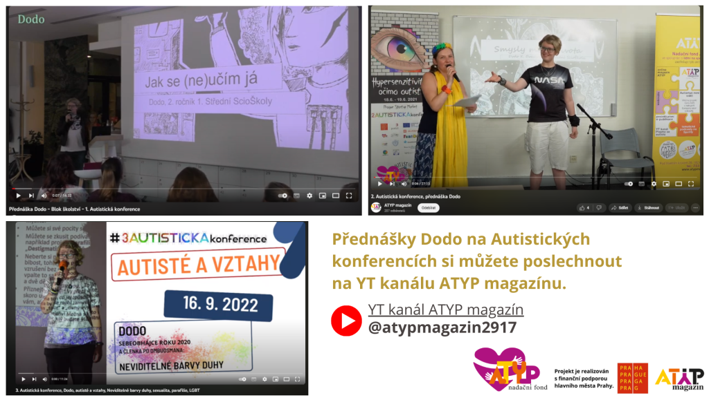 Přednášky Dodo na Autistických konferencích si můžete poslechnout na YT kanálu ATYP magazínu. V roce 2020 o školství a vzdělávání na svobodném principu, v r. 2021 o smyslovém vnímání a v r. 2022 o vztazích u lidí na spektru, sexualitě, parafilii, LGBT+...